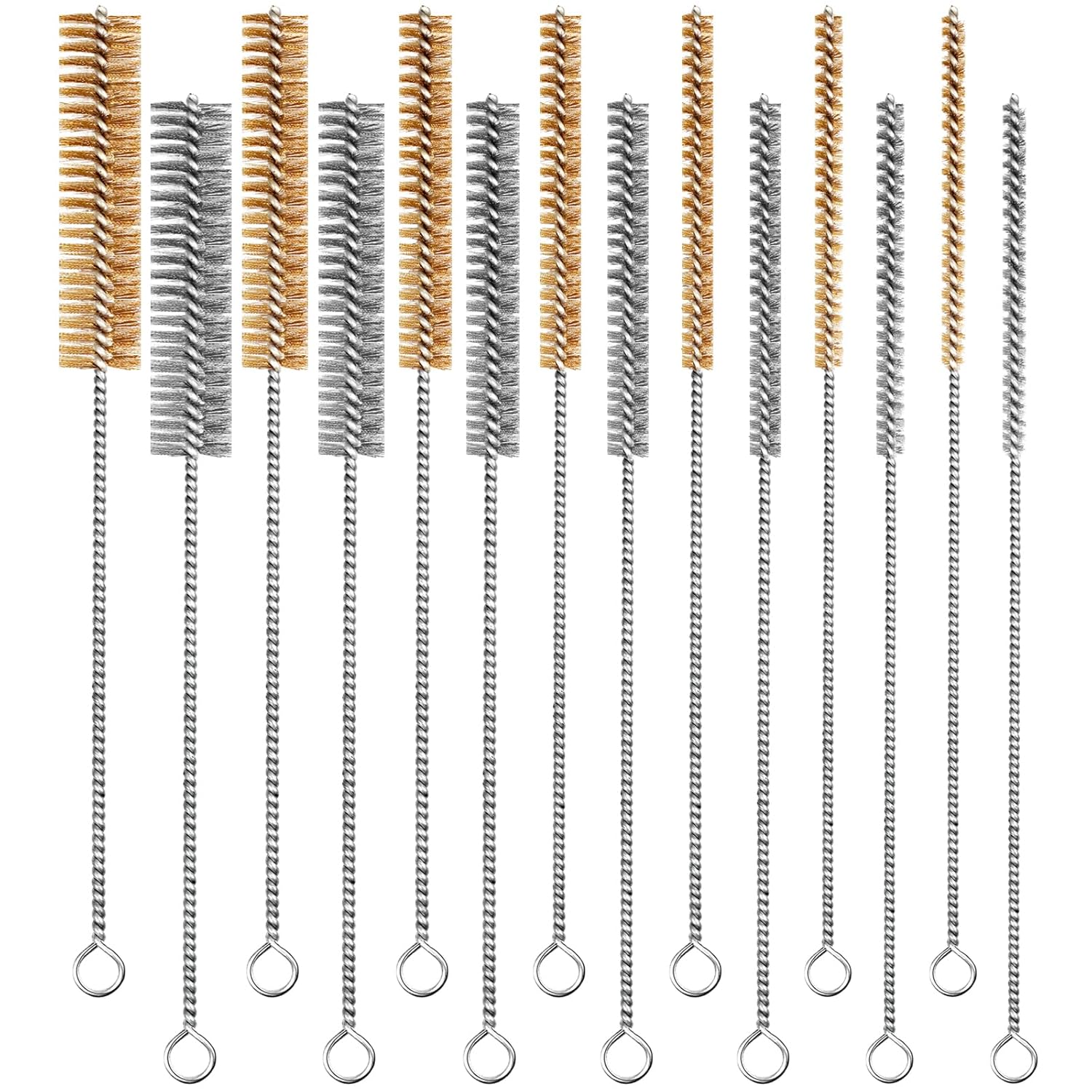 14-Pieces Brass Wire Brush Stainless Steel Tube Brush Set 12" Round Wire Brushes Kit Bore Brush Metal Bristle Cleaning for Pipe, Tube, Auto Parts, Engine (6mm/8mm/10mm/12mm/15mm/20mm/22mm)