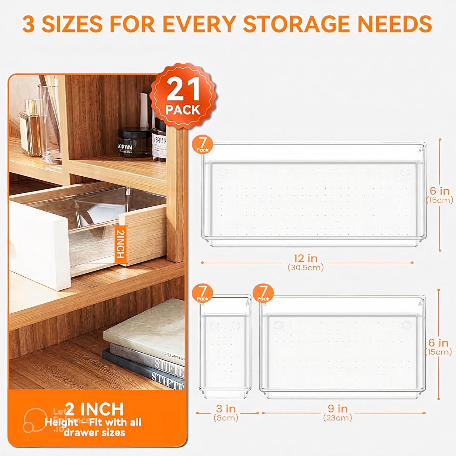 21-Pack Clear Plastic Drawer Organizer Trays – BPA-Free Storage Bins for Kitchen Utensils, Makeup, Jewelry, Office Desk, Bathroom & School Supplies – Multi-Use Home Organization Solution