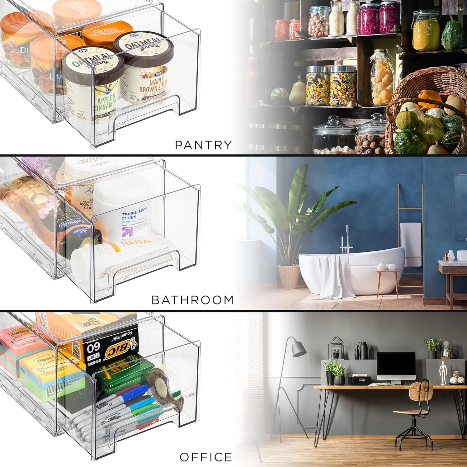 Sorbus Large Clear Storage Drawers (2 Pack) – Stackable Pull-Out Storage Bins with Handles, Slide Out Organizer Drawers for Pantry, Fridge, Kitchen – Stackable Acrylic Storage Bins