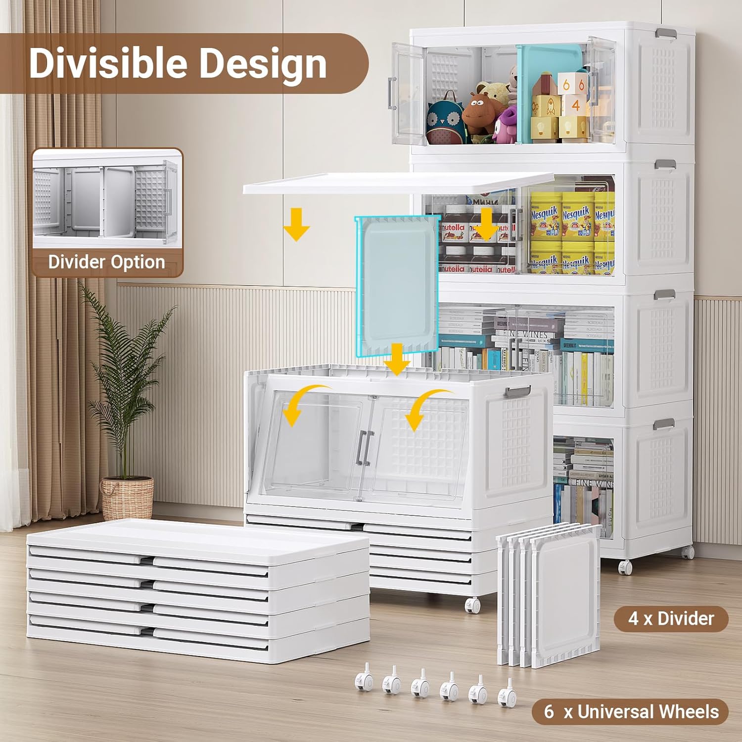 BROVIEW 52.7"H 150Gal Plastic Storage Bins with Lid & Wheels,3Pack Extra Large Stackable Storage Bins with Dividers,Closet Organizers and Storage Cabinet Collapsible Box Shelves for Home Kitchen,White