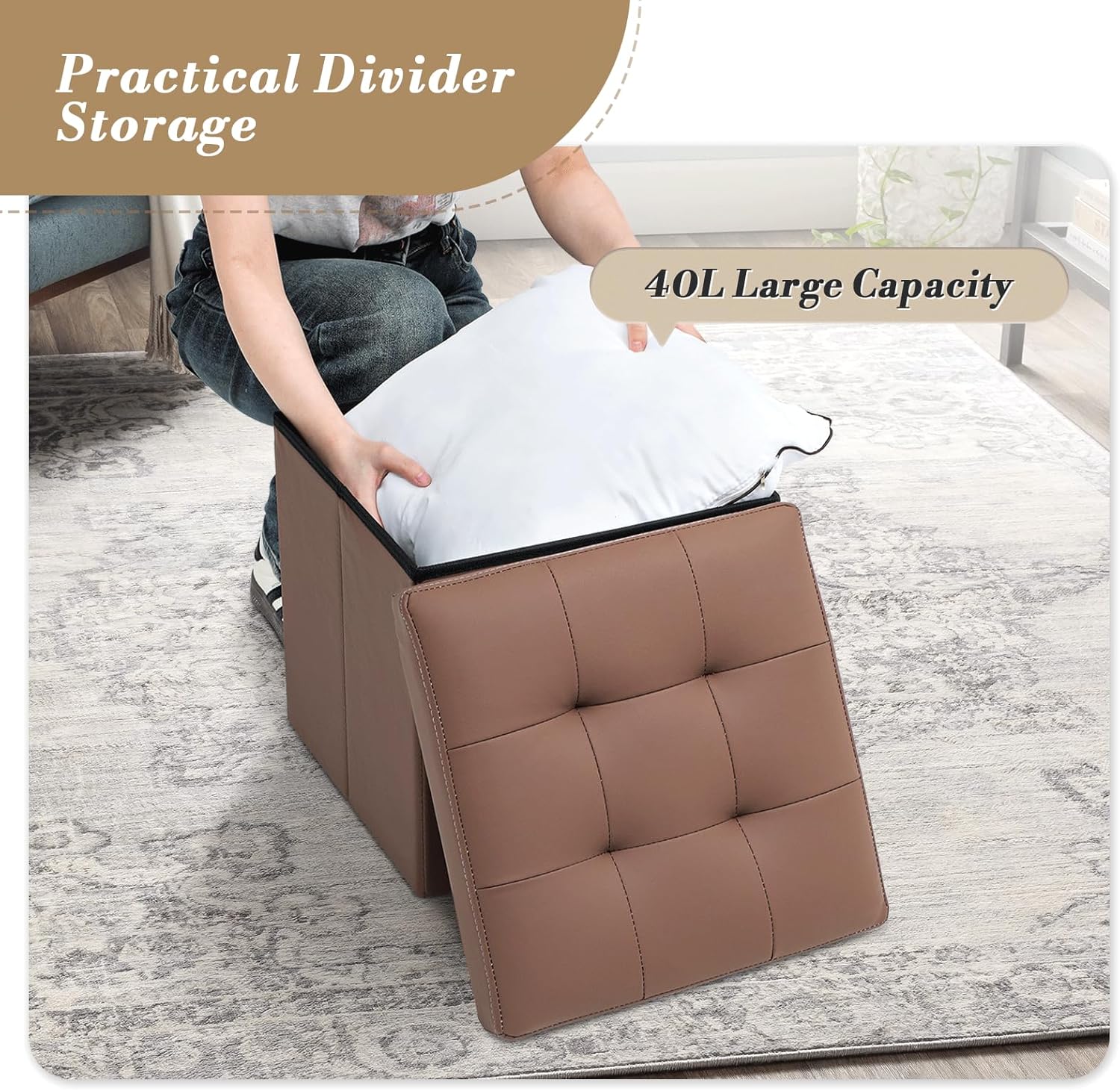 Athena Collection 15" Storage Ottoman Bench Folding Bench with 40L Hidden Storage, Small Cube Ottoman PU Leather Foot Rest Stool Chest with Flipping Lid for Living Room, Bedroom, Entryway, Brown