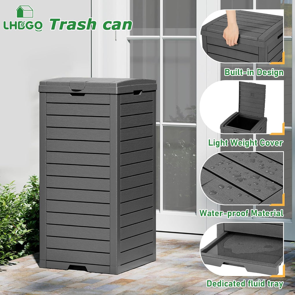 Outdoor Trash Can, 31 Gallon Garbage Can with Tiered Lid and Drip Tray, Waterproof Resin Patio Waste Bin for Garden, Backyard, Deck
