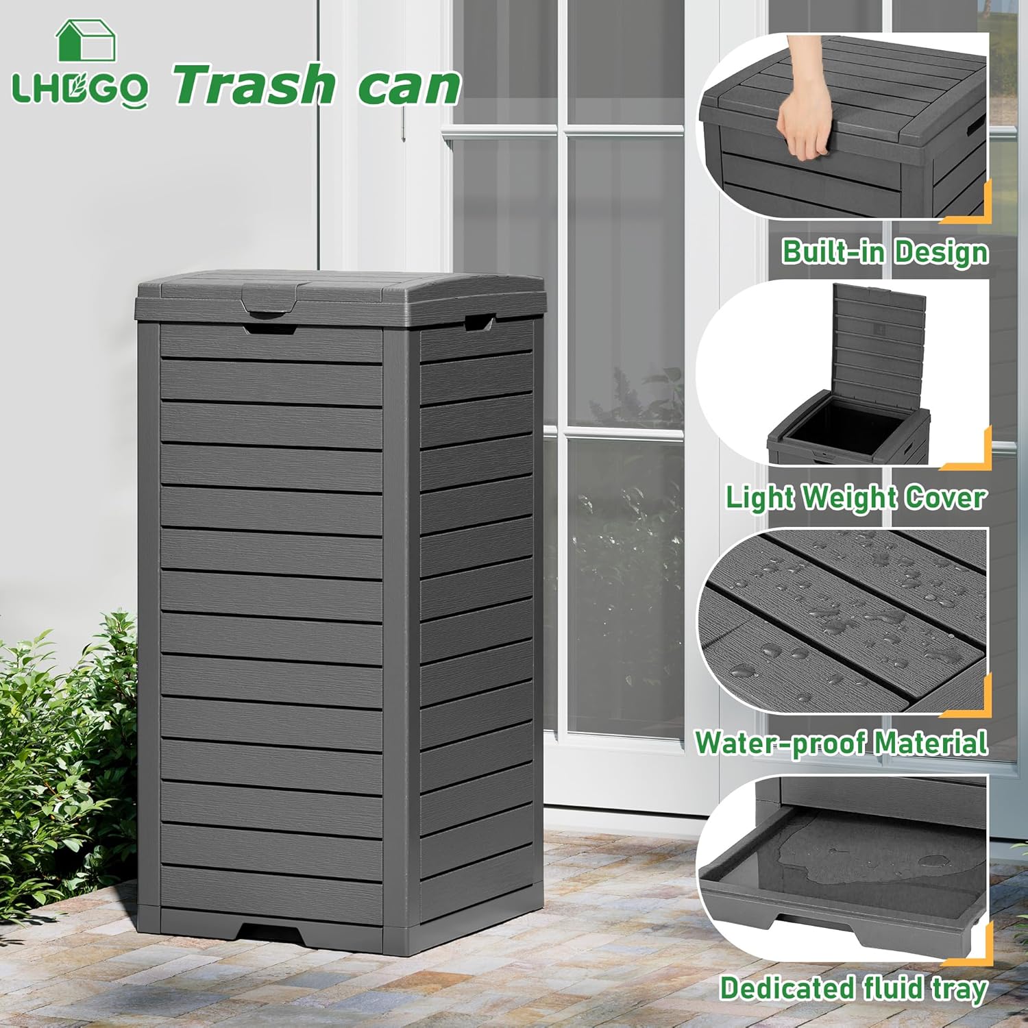 Outdoor Trash Can, 31 Gallon Garbage Can with Tiered Lid and Drip Tray, Waterproof Resin Patio Waste Bin for Garden, Backyard, Deck
