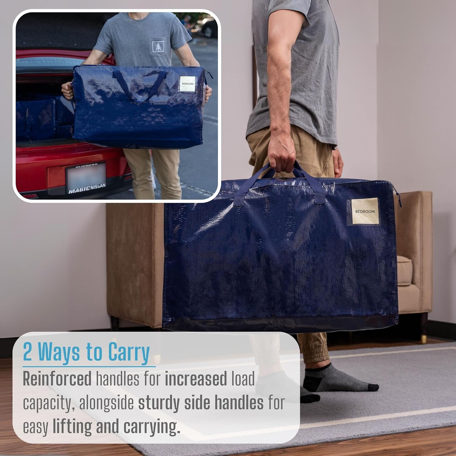 VENO 2 Pack Moving and Storage Bags, Heavy Duty, Alternative to Moving Boxes, Large Packing Totes Supplies for College Dorm Room with Zipper for Clothes, Wide Open Design (Blue, 2 Pack)