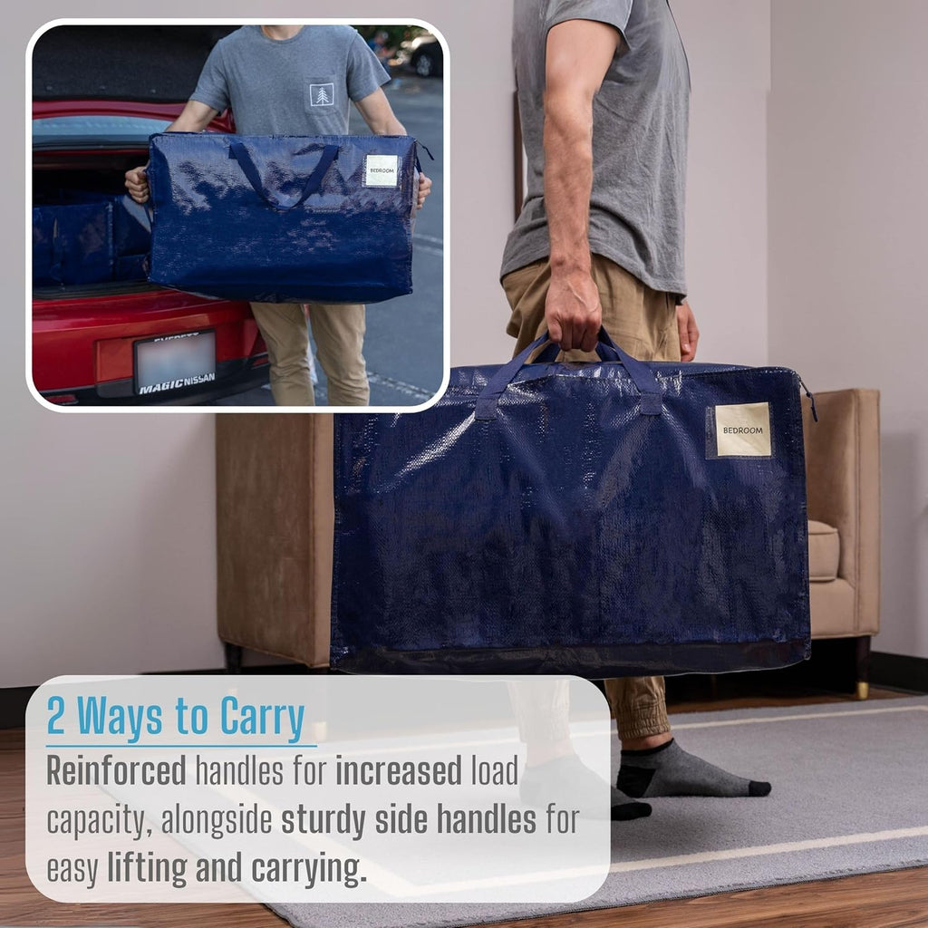 VENO 4 Pack Moving and Storage Bags, Heavy Duty, Alternative to Moving Boxes, Large Packing Totes Supplies for College Dorm Room with Zipper for Clothes, Wide Open Design (Blue, 4 Pack)
