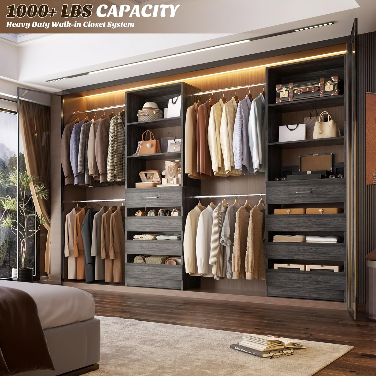 Aheaplus Closet System, 4-9 Ft Closet Organizer with 4 Wooden Drawers, Wood Closet Organizer System with Tower, Walk-in Closet Organizer Wardrobe Clothes Rack with 4 Hanging Rods, Black Oak