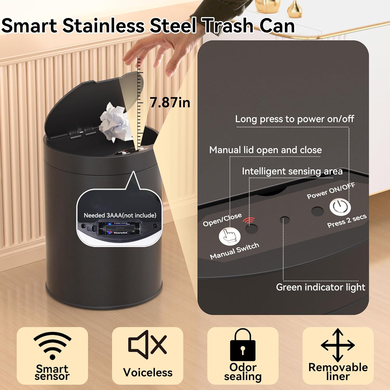 Bathroom Trash Can with Lid 2.6 Gallon Stainless Steel TrashCans Automatic Bathroom Garbage Can for Bedroom, Kitchen, Office
