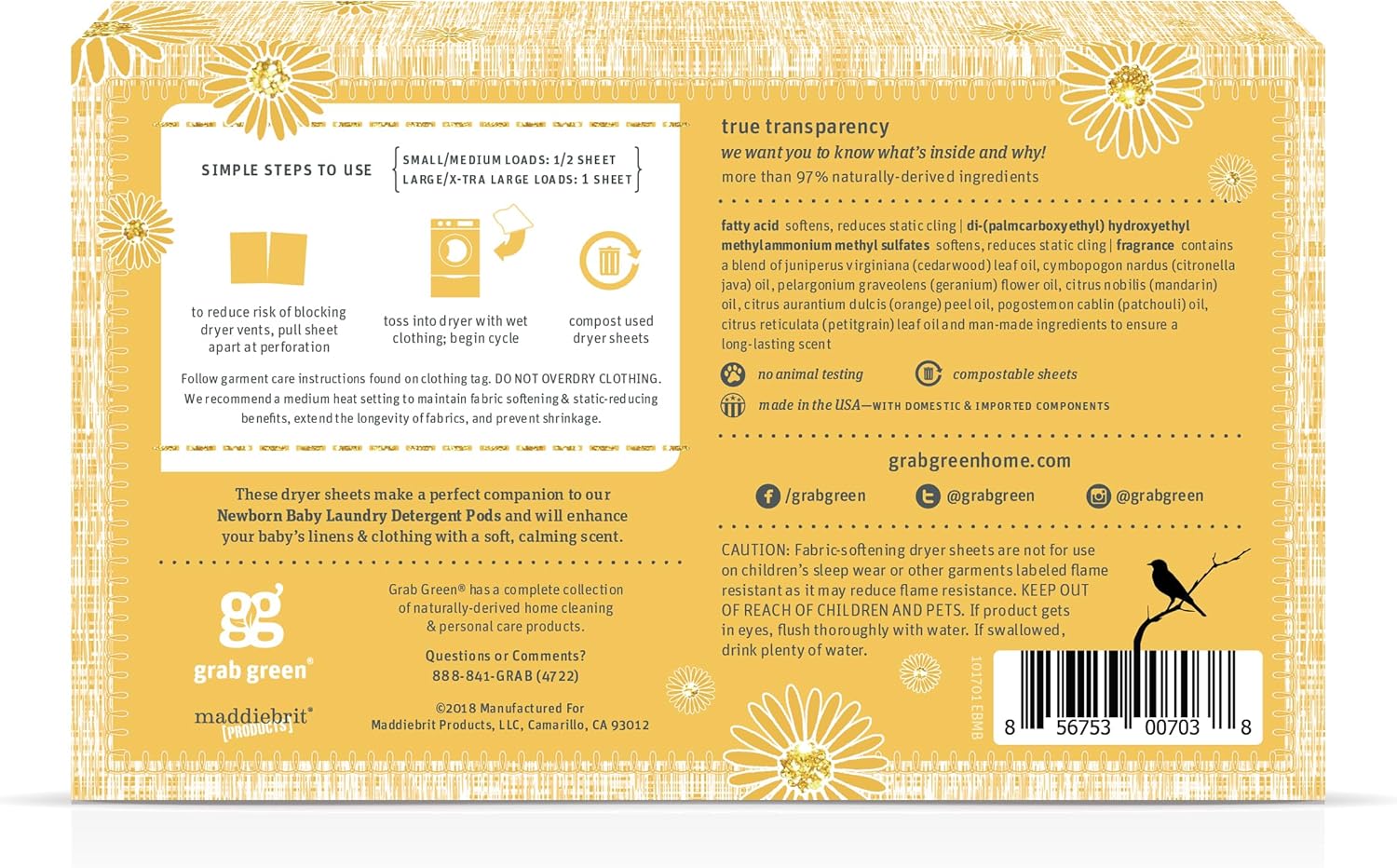 Grab Green Newborn Baby Dryer Sheets, 40 Sheets, Chamomile Scent, Plant and Mineral Based, Compostable, Softens Clothing and Linens, Reduces Static Cling