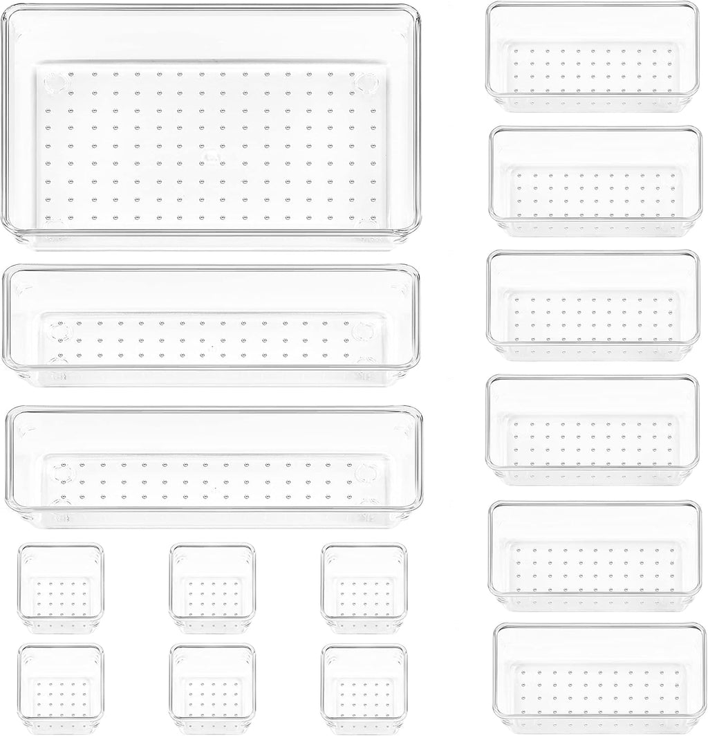 Vtopmart 15 PCS Clear Plastic Drawer Organizers Set, 4-Size Versatile Bathroom and Vanity Organizer Trays, Non-Slip Storage Containers for Makeup, Jewelries, Bedroom，Kitchen Utensils and Office