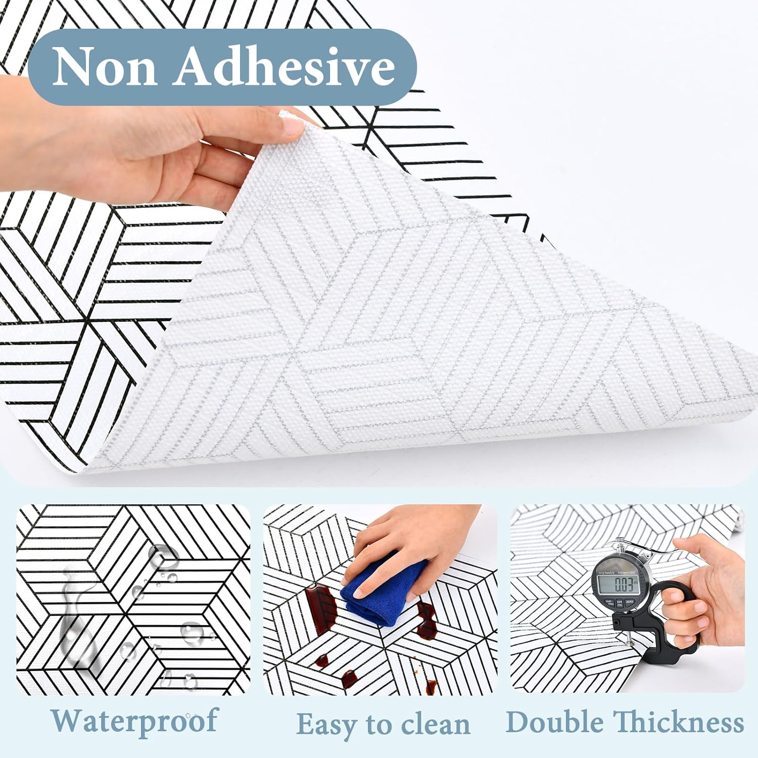 Shelf Liners for Kitchen Cabinets Non Adhesive Shelf Liner Paper Non-Slip Thickened Drawer Liner Easy to Clean for Tool Box Refrigerator with Knife and Tape Measure, Black Geometric, 17.3 x 236.2 in