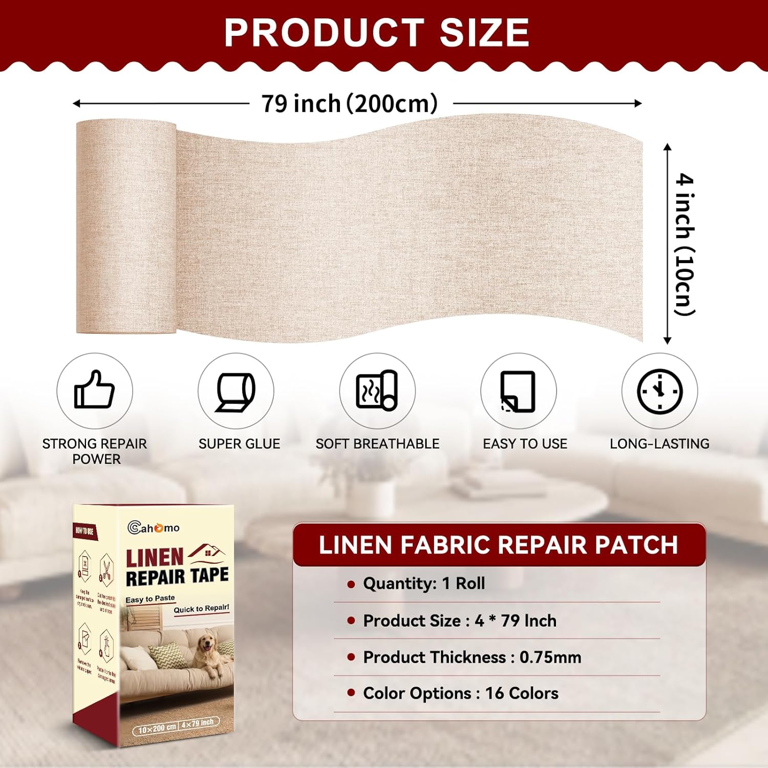 Linen Repair Tape 4x79 inch, Self Adhesive Fabric Patches, Linen Patch Tape Kit, Fabric Repair Tape for Couch Sofas, Headboards, Chairs, Pillows, Curtains, Couches - Beige