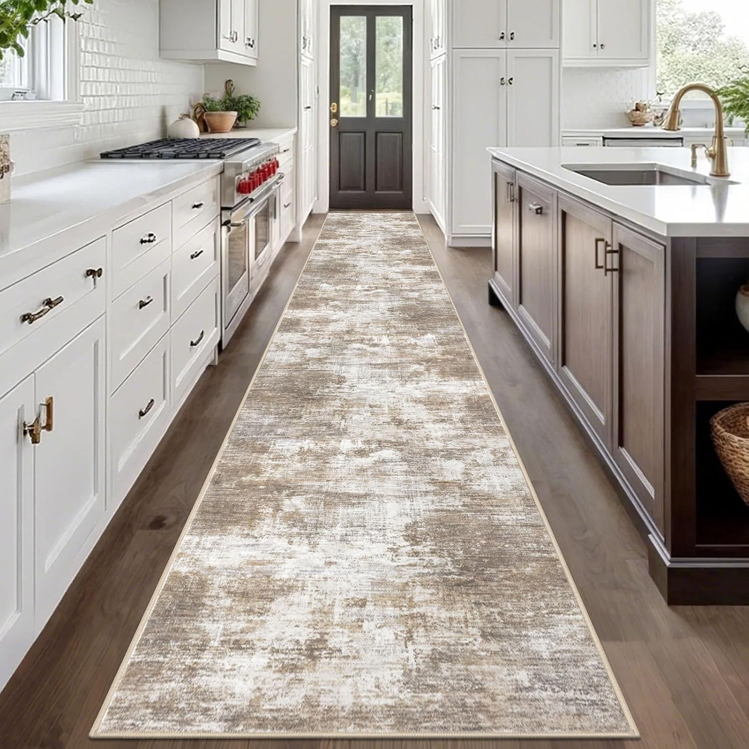 IOHOUZE Abstract Runner Rug 3x20 Ft Extra Long Washable Runners for Hallways, Non Slip Kitchen Runner Printed Faux Wool Entryway Runner Indoor, Modern Abstract Floor Carpet for Hall Stair, Beige Brown