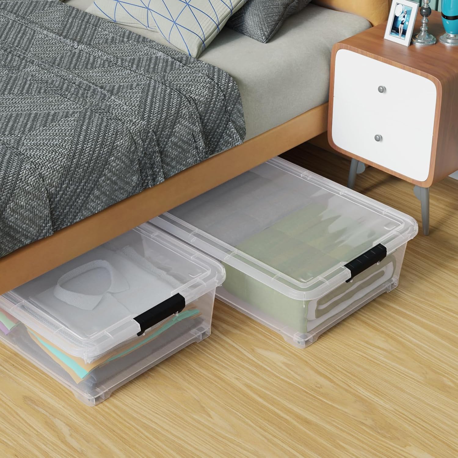 25 Quart Under Bed Clear Latch Bin with Wheel, Plastic Under Bed Storage Box, 4 Pack