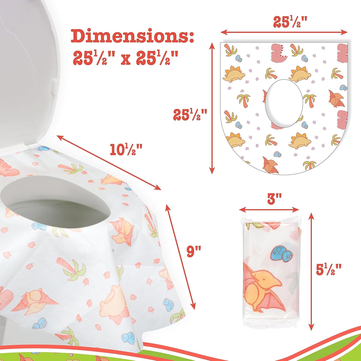 Toilet Seat Covers Disposable (12 pk, Dinosaurs) - XL Waterproof Toilet Cover for Toddlers, Kids & Adults - Portable & Individually Wrapped for Travel, Potty Training, Public Restrooms