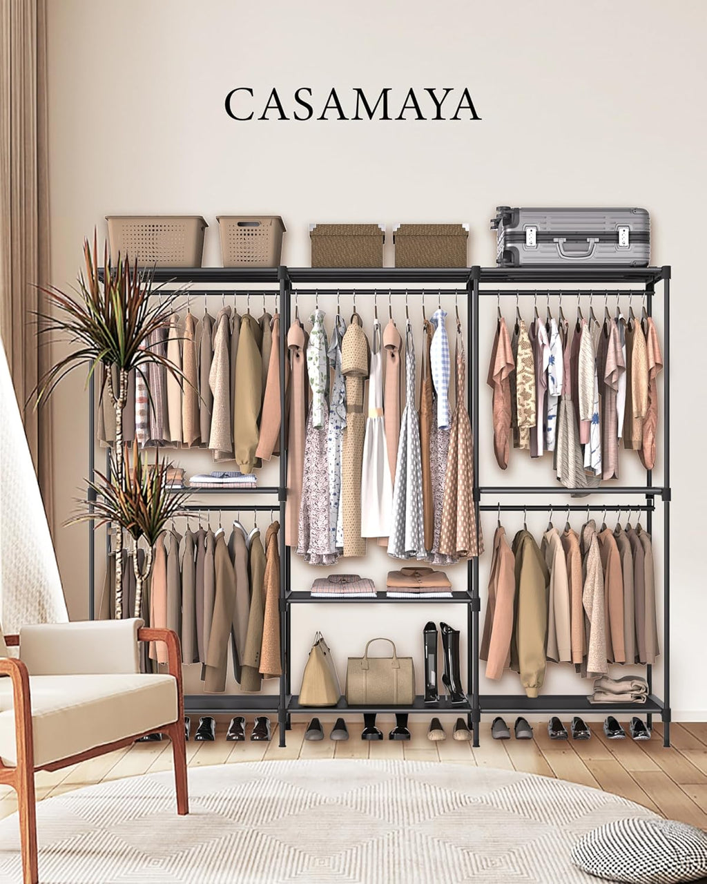 Clothes Rack, Portable Closet, 80.7 Inch Extra Large Capacity Wardrobe Closet, Clothes Storage Organizer with Shelves and 5 Hanging Rods, Easy to Assembly, Black PCT036B01
