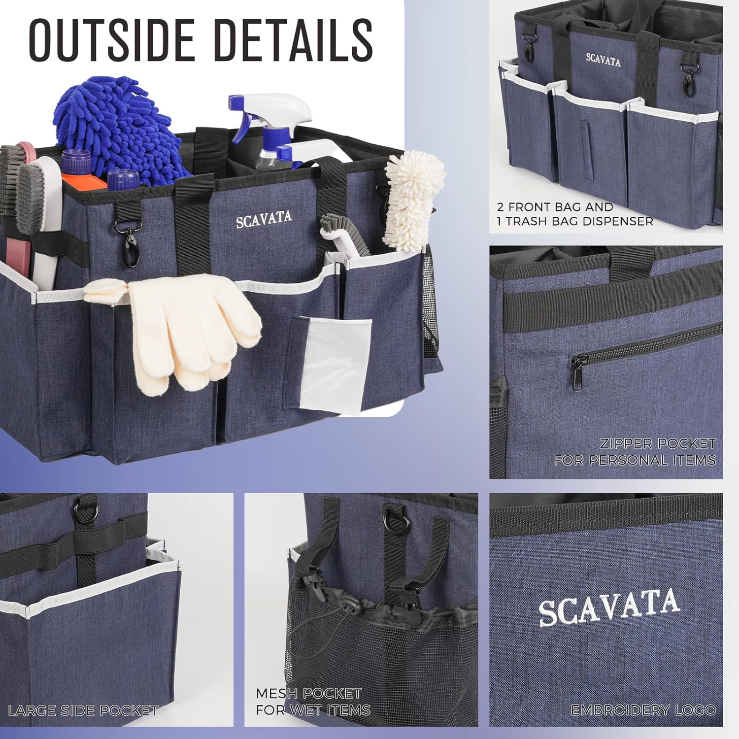 Wearable Caddy Bag, Cleaning Supplies Organizer With Handle & Shoulder Straps for Housekeepers, Under Sink & Car Tool Organizers With 4 Foldable Divider (NavyBlue)