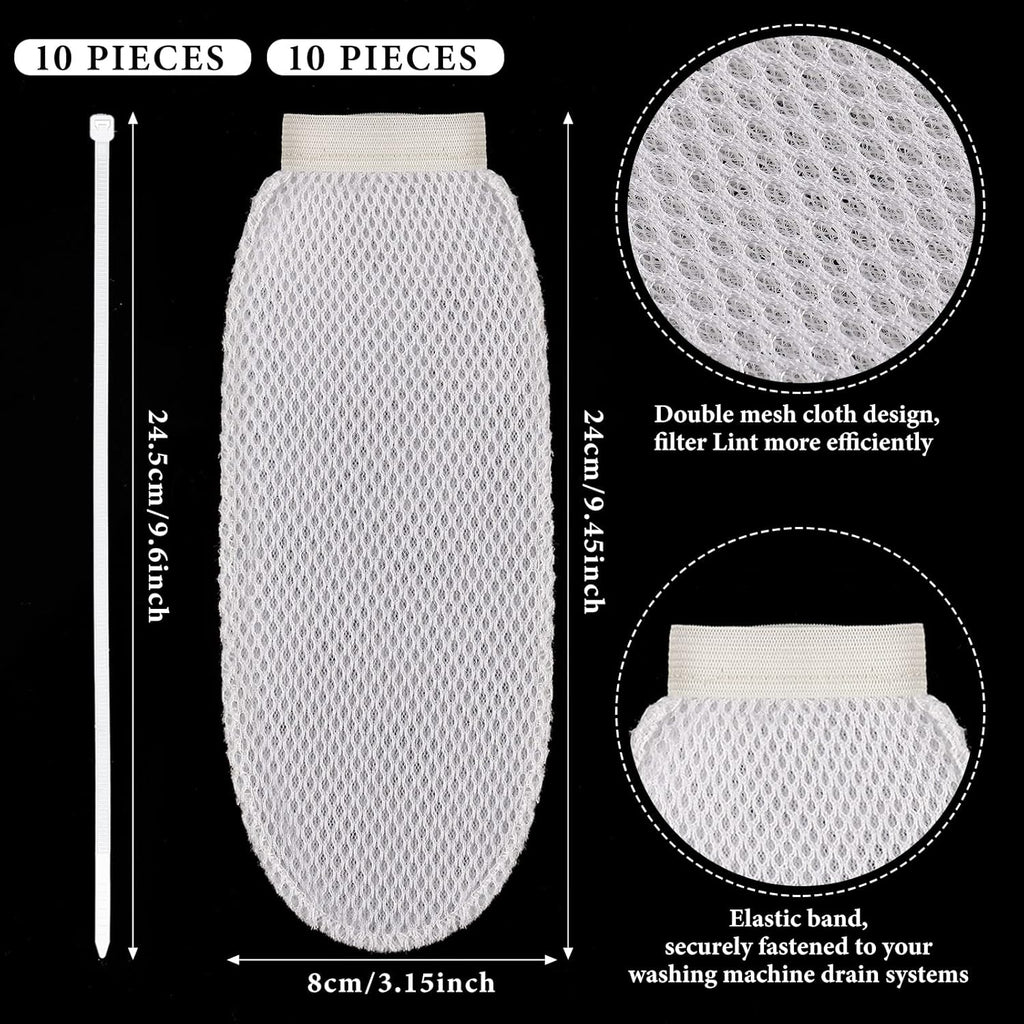 LEIFIDE 10 Pieces Lint Traps for Washing Machine Hose and Cable Ties Set Laundry Lint Catcher Nylon Mesh Trap for Washer Hose Fits Most Washing Machines, White