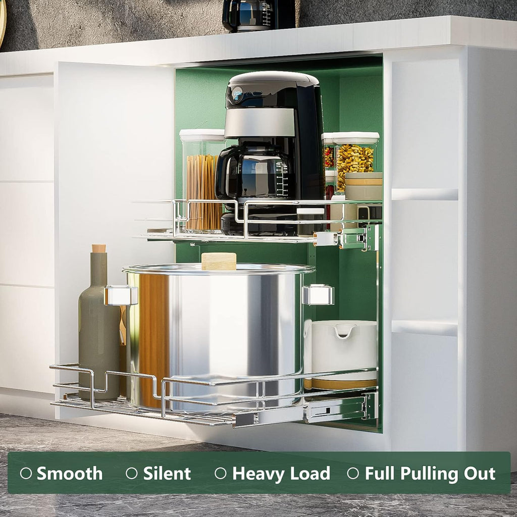 LOVMOR 2 Tier Individual Pull Out Cabinet Organizer 17" W x 21" D, Slide Out Kitchen Cabinet Storage Sliding Shelves