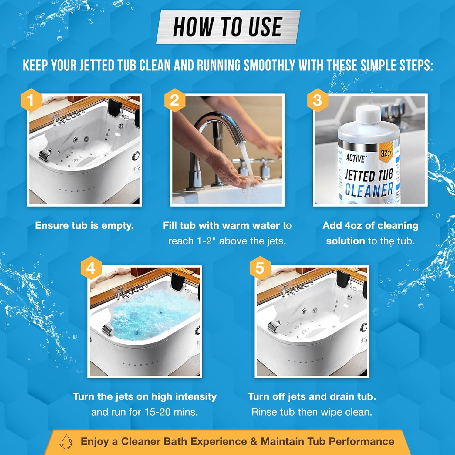 ACTIVE Jetted Tub Cleaner Bathtub Cleaning - 32oz (8 Uses) Bath Jet Cleaner For Whirlpool & Spa Bath System, Compatible with Jacuzzi Jets, Whirl Tubs, Professional Septic Safe Solution - Made in USA