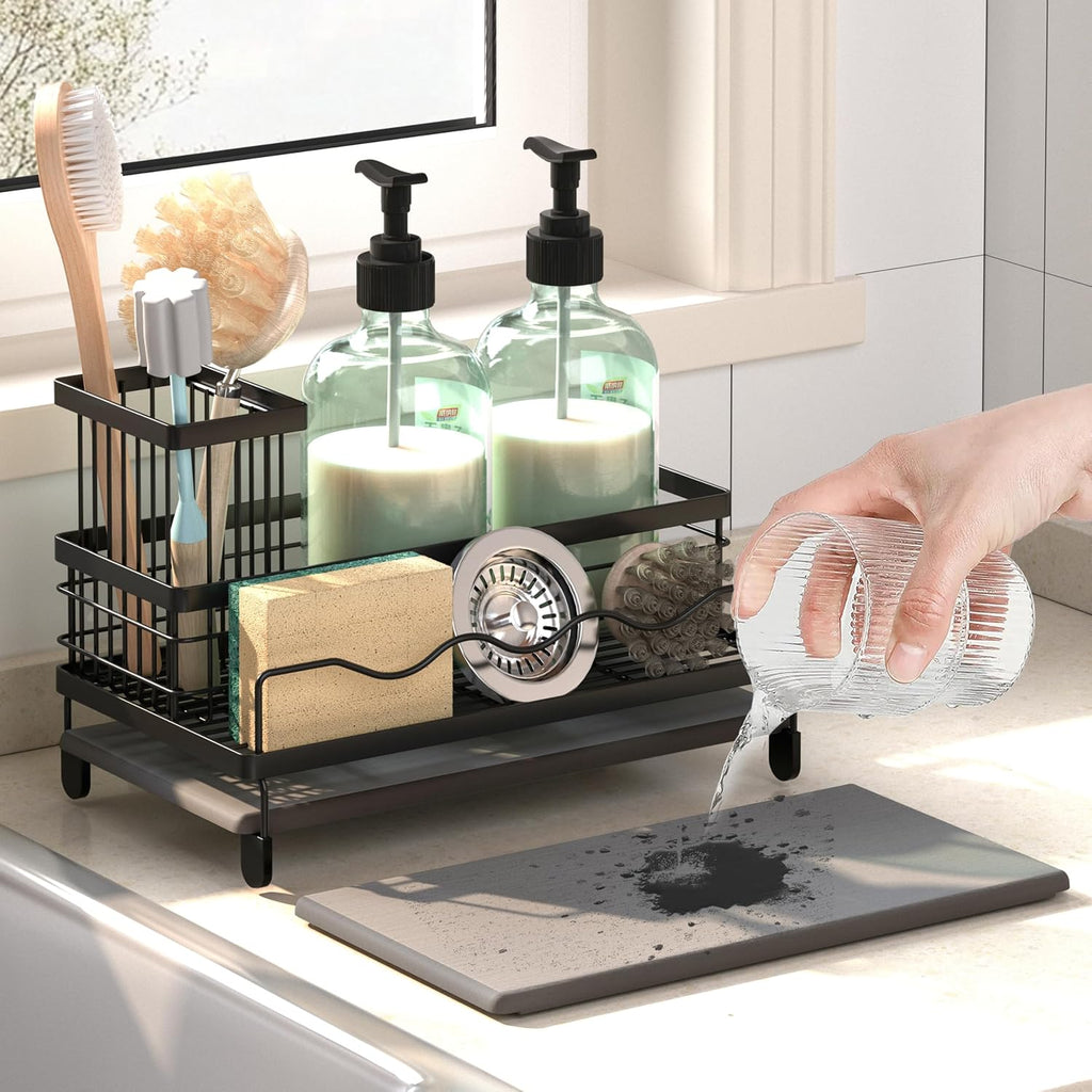 Sink Caddy, Kitchen Sink Organizer with Sponge Holder and Stone Drying Mat, Quick Drying, Stainless Steel Kitchen Caddy Organizer for Sponges, Brushes & Soap