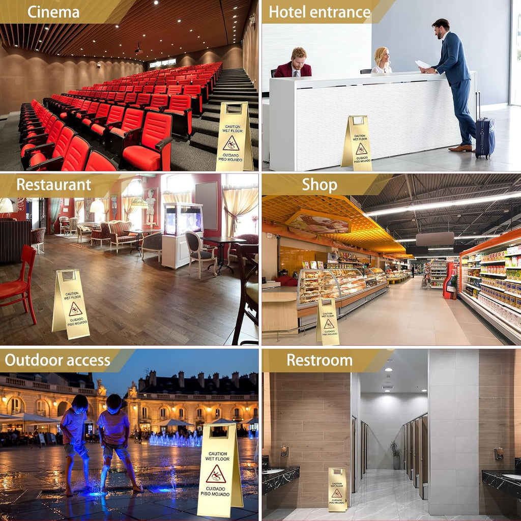 LEIFIDE 4 Pcs Stainless Steel Wet Floor Caution Sign Bulk 8.8 Pound Portable Foldable Handle Bilingual Safety Sign for Kitchen Restaurant Shop Commercial Use Avoid Fall and Slip Accident (Gold)
