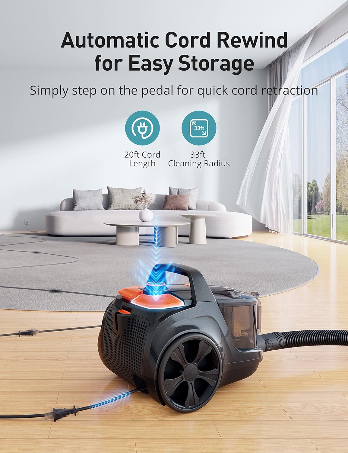Aspiron Canister Vacuum, Upgraded 1600W Bagless Canister Vacuum Cleaner, Auto Cord Rewind, H13 HEPA Filter, 3.7Qt Large Capacity, 5 Tools for Hard Floors, Carpet, Pet, Upholstery, Tiles, Persimmon