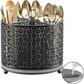 360° Rotating Utensil Holder Caddy - Fast-Drying Silverware Flatware Organizer - 4 Compartment Large Cutlery Holder with Handle For Kitchen Countertop Party Office Picnic Table Black