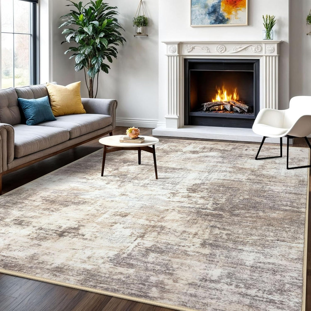 IOHOUZE Abstract Area Rugs 6x9 Ft Washable Rugs for Living Room, Non Slip Dining Room Rug Printed Faux Wool Rugs for Bedroom, Floor Carpet for Office Nursery Playroom, Beige Brown