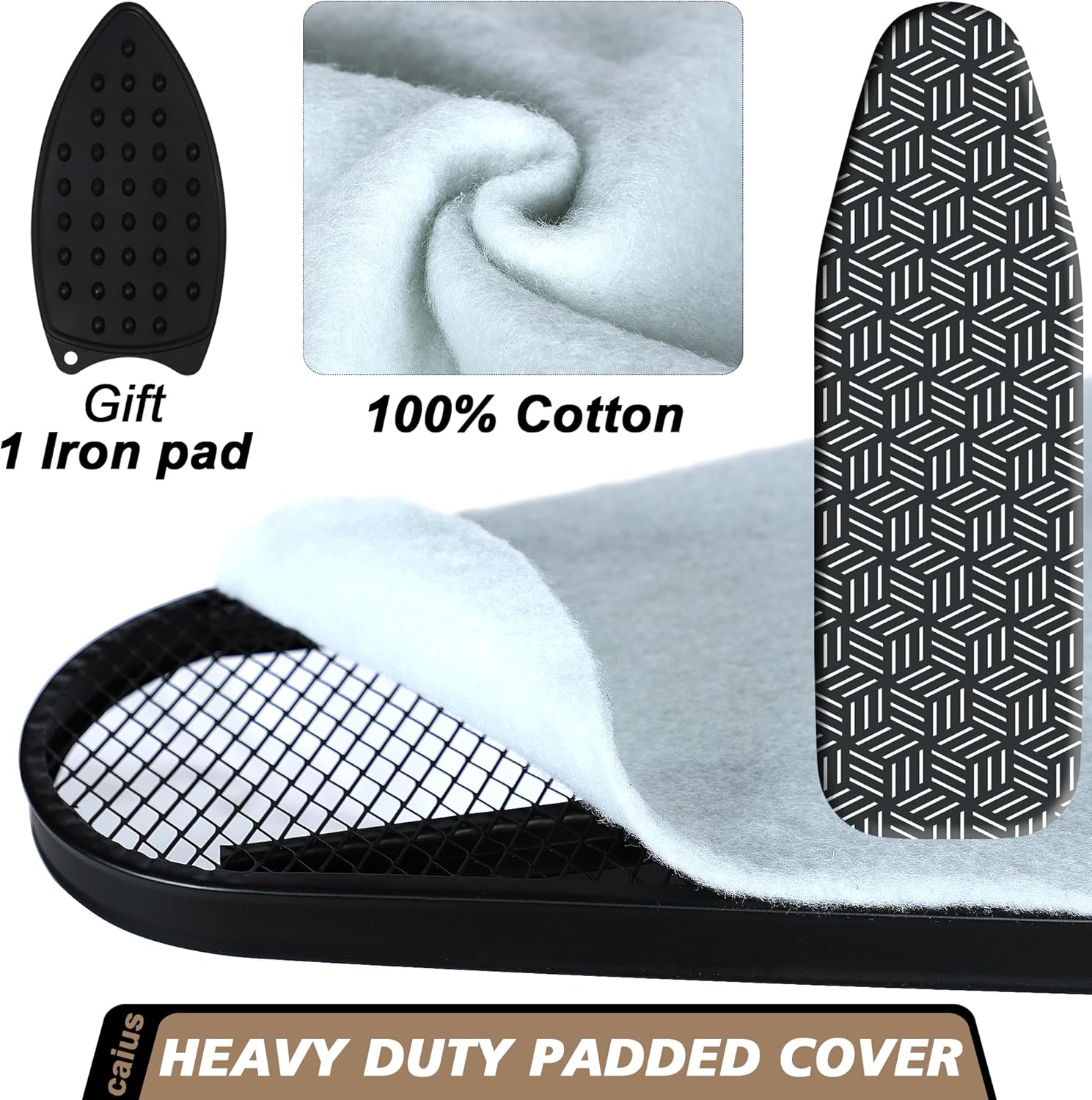 caius Ironing Board, Compact and Space Saver Full Size Ironing Board, Extra Wide Ironing Area with Extra Thick Heavy Duty Padded Cover, Stable Structure, Easy to Fold