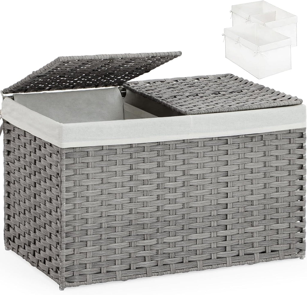 Storage Basket with Lid Wicker Baskets for Storage with 2 Separate Lid 42.3 Gallon (160 L) 29.9 x 17.3 x 18.1 Inches Rattan Woven Large Wicker Basket with 2 Liners for Bedroom Laundry Gray