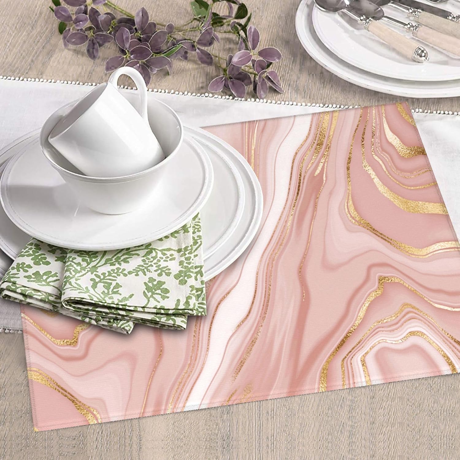 Pink Golden Marble Dish Drying Mat for Kitchen Counter Washable Absorbent Reversible Microfiber Rose Pink Modern Decorative Drying Pad Kitchen Accessories 16"x18"