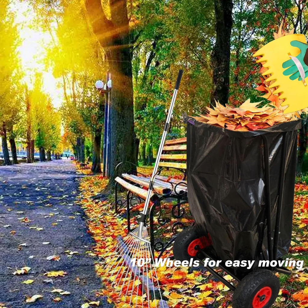 Mobile Trash Bag Holder Outdoor Lawn Leaf Bag Holder with Leaf Chute Metal Rake & 15 Count 39 Gallon Drawstring Trash Bags | Holds 35-65 Gallon Leaf Bags for Leaves Weeding Camping Party