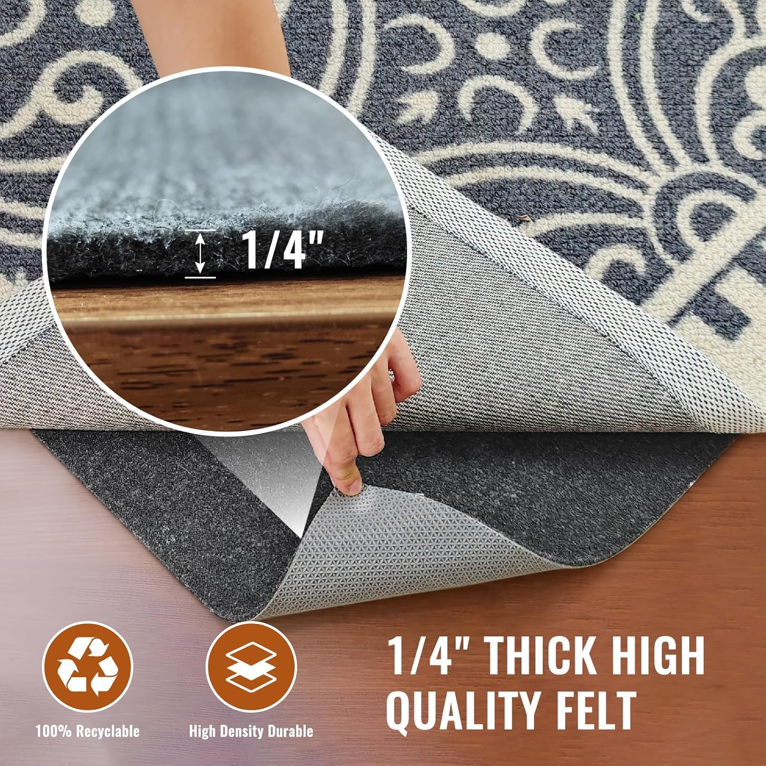 Felt Rug Pad, 9 x 12 Ft Rubber Non-Slip Rug Pad Gripper, Keep Rugs Secure and in Place, Extra Strong Under Carpet Mat Cushion - for All Floors