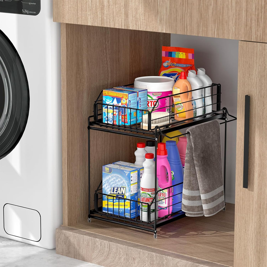 SUEH DESIGN Under Sink Organizers and Storage, 2 Tier Metal Under Sink Storage with Hanging Rail for Kitchen Bathroom Cabinet Organizer, 2 Pack