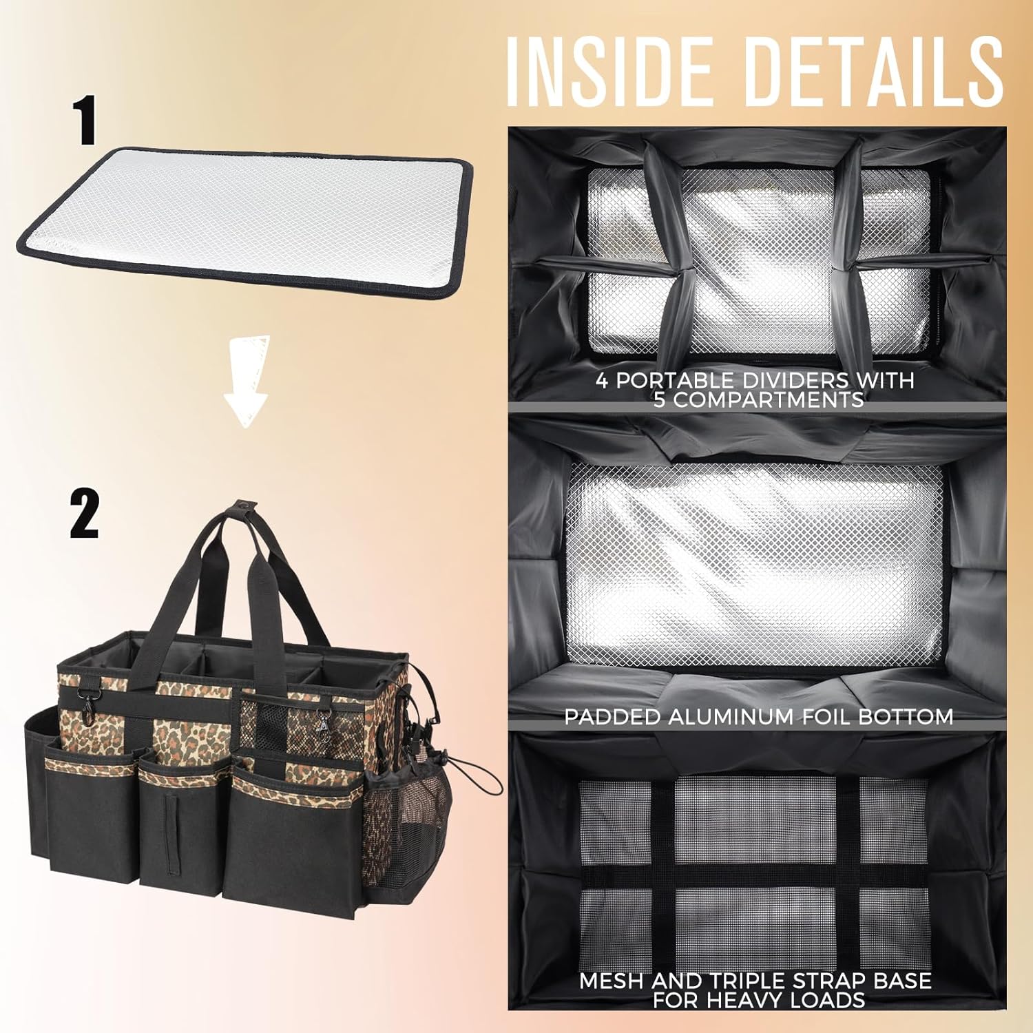 Wearable Cleaning Caddy, Cleaning Caddy Supplies Organizer with Handle & Shoulder Straps for Housekeepers, Under Sink & Car Cleaning Tool Organizers Bag with 4 Foldable Divider (Leopard)