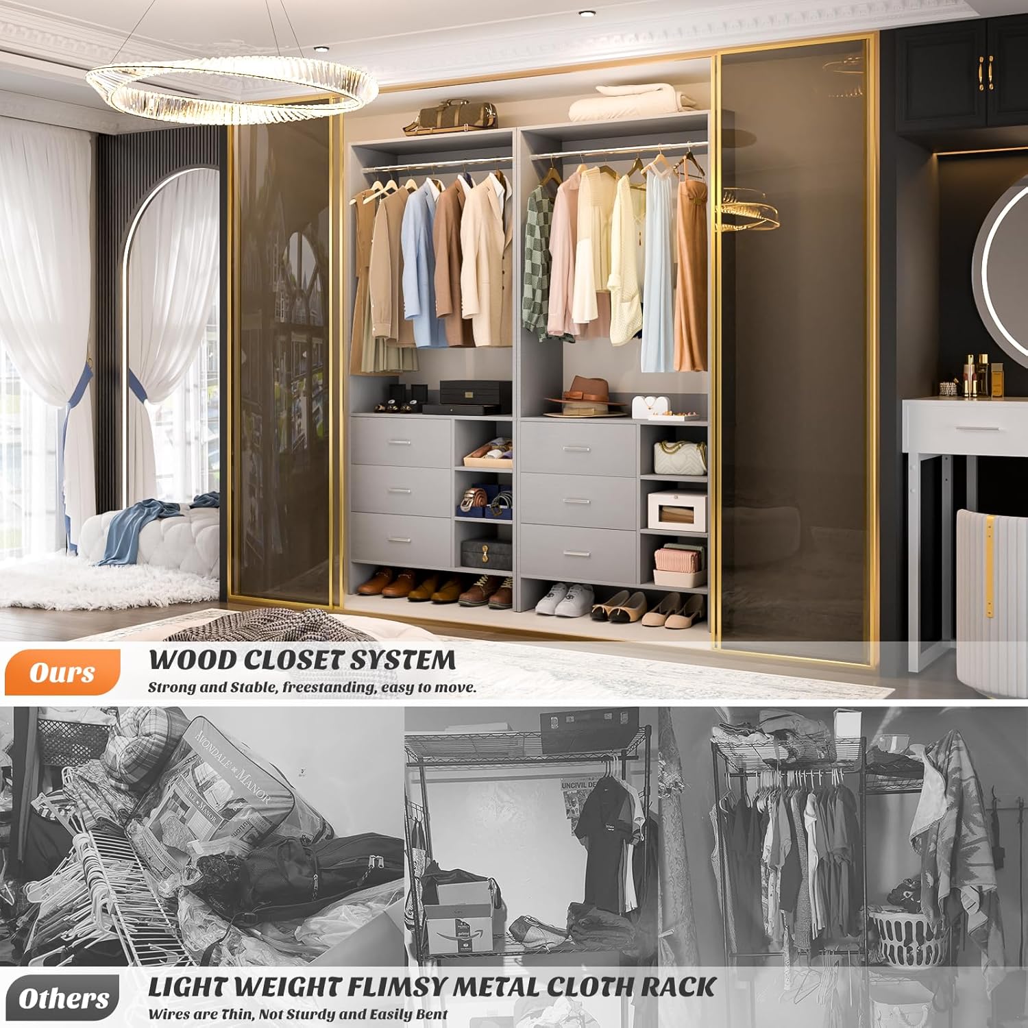 Aheaplus 2.5FT Closet System with 3 Drawers, 29.5’’ Closet Organizer, Wood Closet Organizer System, Walk-in Closet or Small Closets Wardrobe, Clothes Rack with Hanging Rods,-E6, Grey