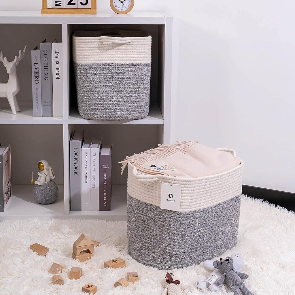 Medium and Large Woven Basket//With Handle, Used for Toys and Fabric Storage Basket used for Storing xl Storage Box, Decorative Storage Box Room 2pack (14L12H Silver Gray, 14L*10W*12H)