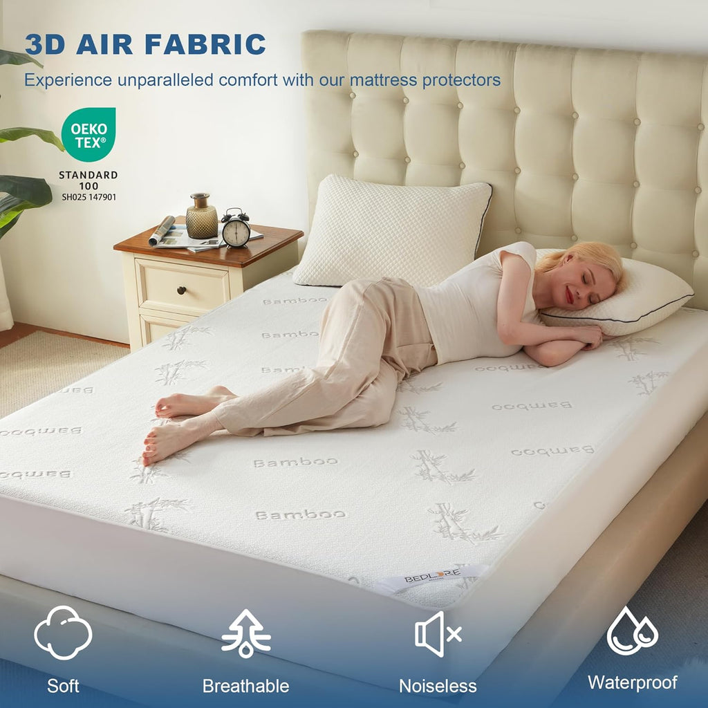 Waterproof Queen Size Mattress Protector, Mattress Pad Fitted 6"-18" Deep Pocket, 3D Air Fabric Bed Mattress Cover Noiseless Washable for Bedroom, Hotel