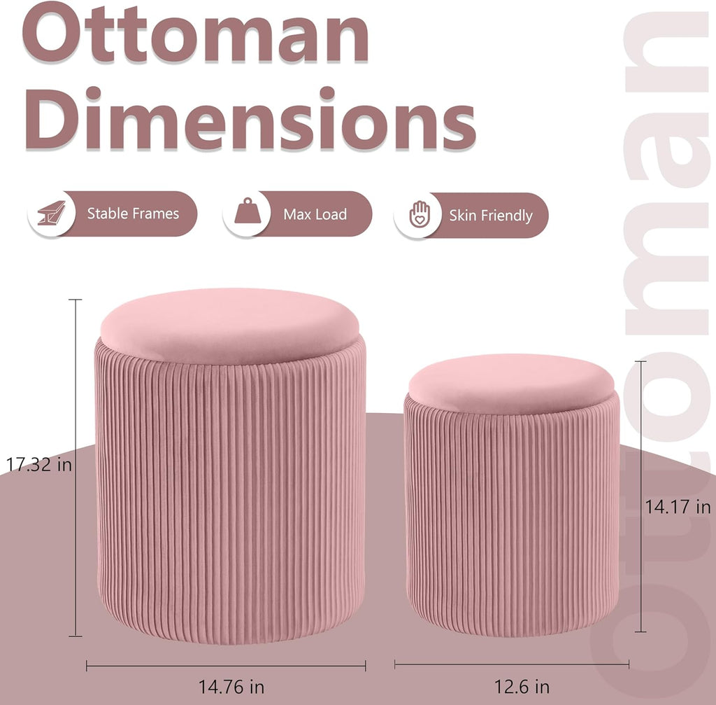 Round Ottoman with Storage Set of 2,Vanity Stool with Storage for Bedroom, Ottoman Coffee Table,Small Velvet Foot Stool for Living Room, Pink