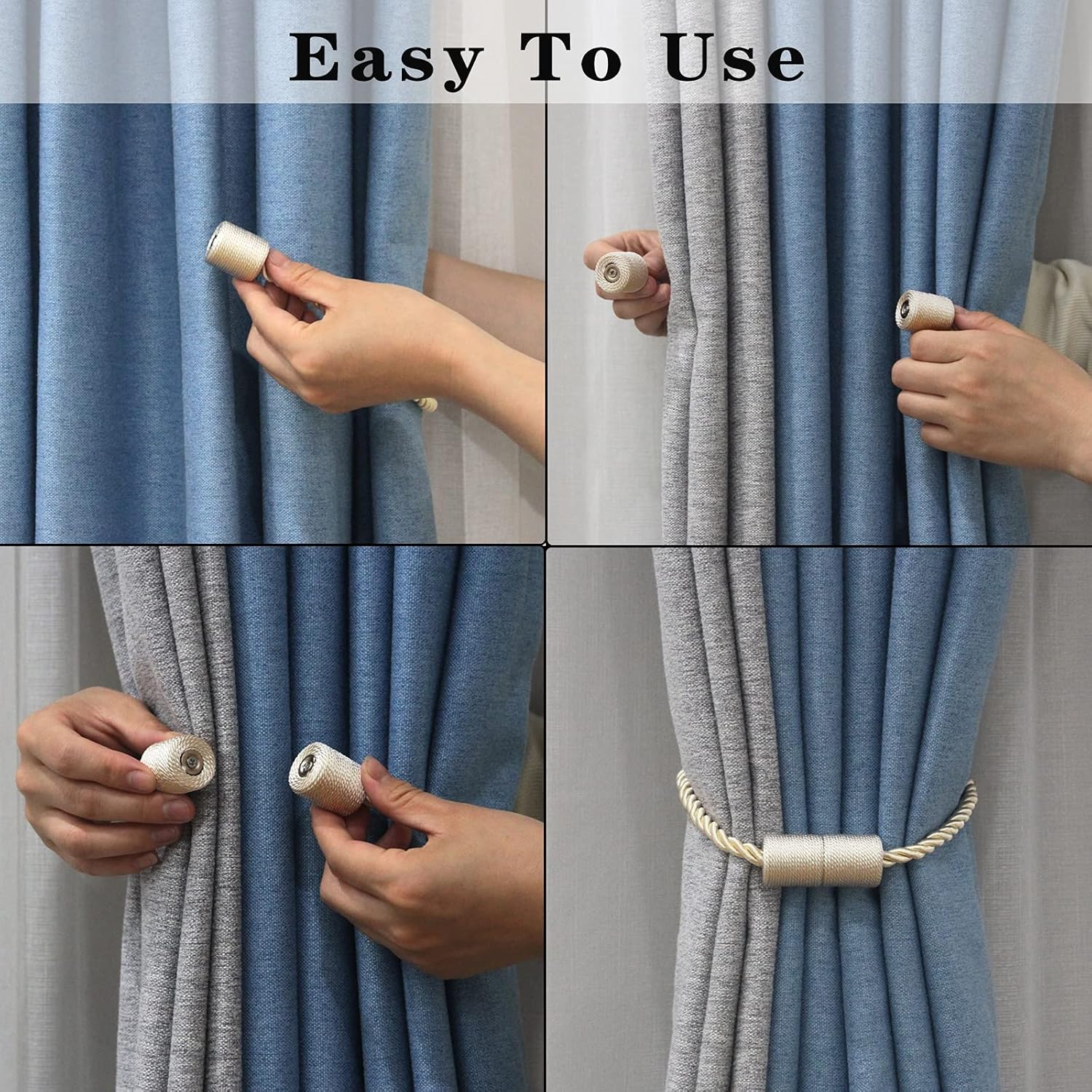 6 Pack Beige Strong Magnetic Curtain Tiebacks Outdoor Elegant Decorative Tie Backs Modern Rope Tiebacks for Drapes Window Curtain Holdbacks for Draperies