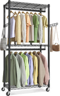 SONGMICS Heavy-Duty Rolling Clothes Rack, Garment Rack, Portable Closet, 29.5-Inch Wide Clothing Rack on Wheels, with Adjustable Mesh Shelves and Hanging Rails, Hooks, Ink Black ULGR412B01