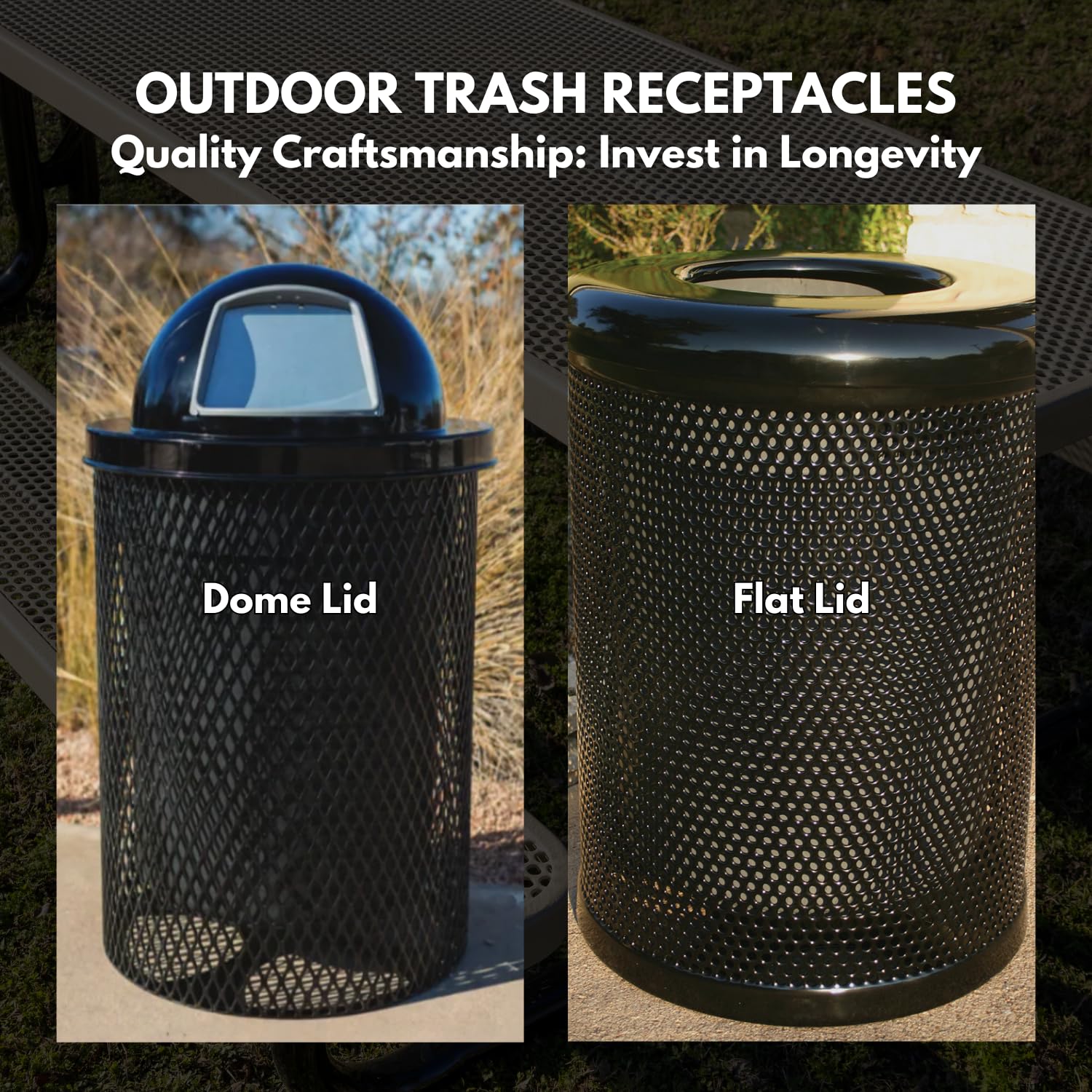 COATEDOUTDOORFURNITURE 32-Gallon Heavy-Duty Expanded Metal Round Trash Receptacle, Commercial Outdoor Waste Bin with Liner & Black Dome Lid – Made in America (Textured Gold Vein)