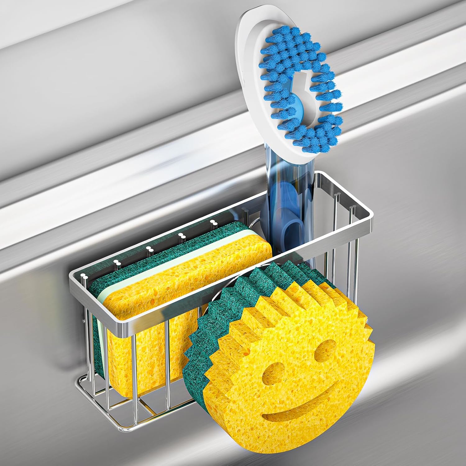 Sponge Holder Smiley Face,Sink Caddy for Kitchen Sink,Sponge Holder with 2 PCS Suction Cups/1 PCS Adhesive Strips,Designed for Sponge,Soap,Dish Brush,Scrubber-Silver