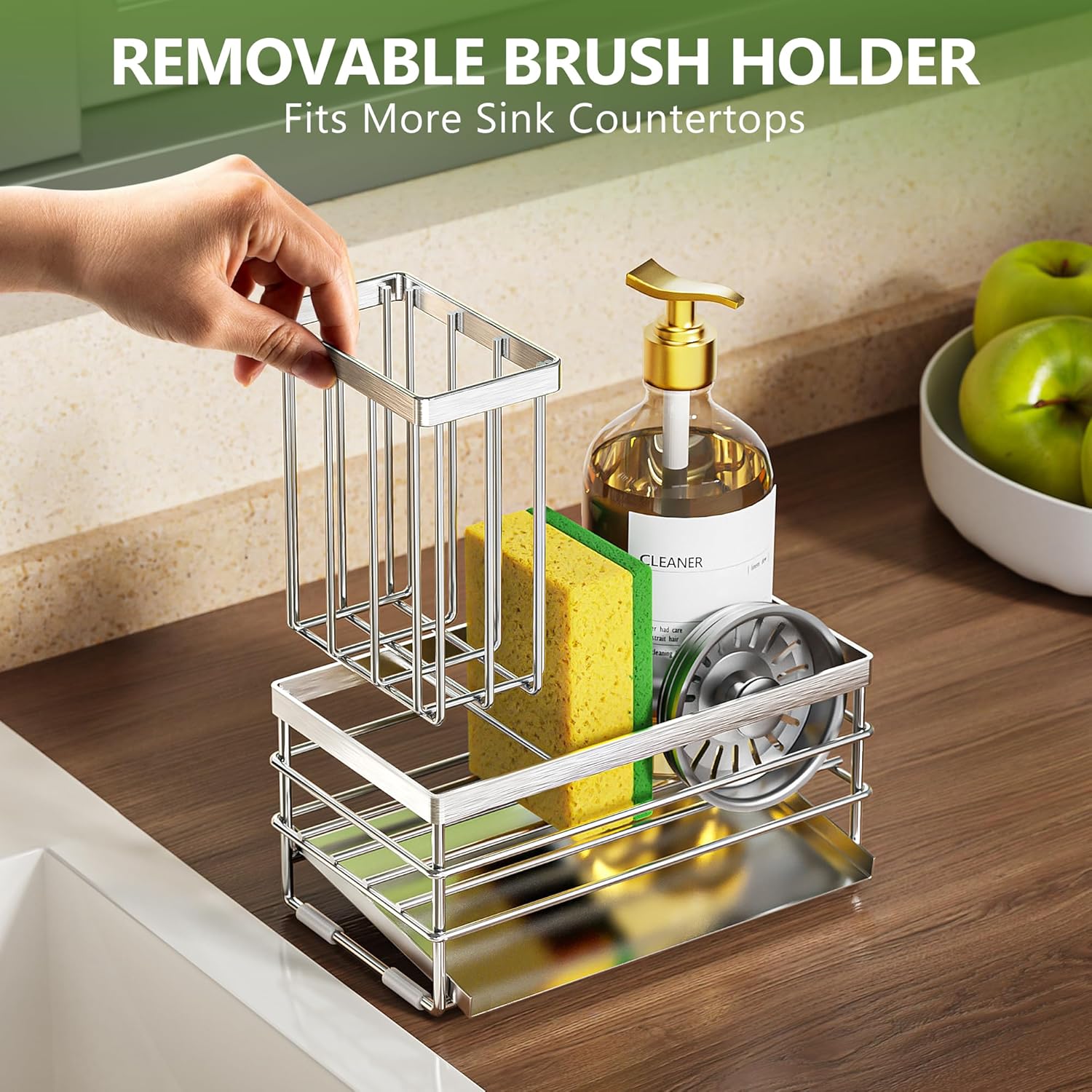 Cisily Sink Caddy Sponge Holder for Kitchen with Brush Holder and Stainless Steel Self Drain Tray, Rustproof Kitchen Sink Organizer for Sponge, Soap Dispenser Storage Accessories (Stainless Steel)