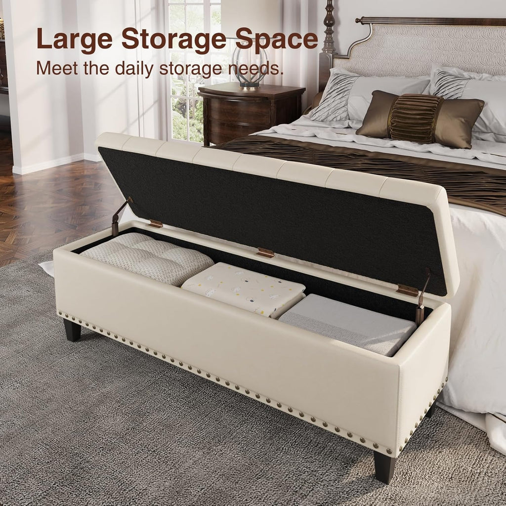 Storage Ottoman Bench, 51-Inch Large Storage Bench for Bedroom End of Bed, 30 Gallons Faux Leather Bench for Bedroom, Living Room, Entryway, Hallway, Cream White