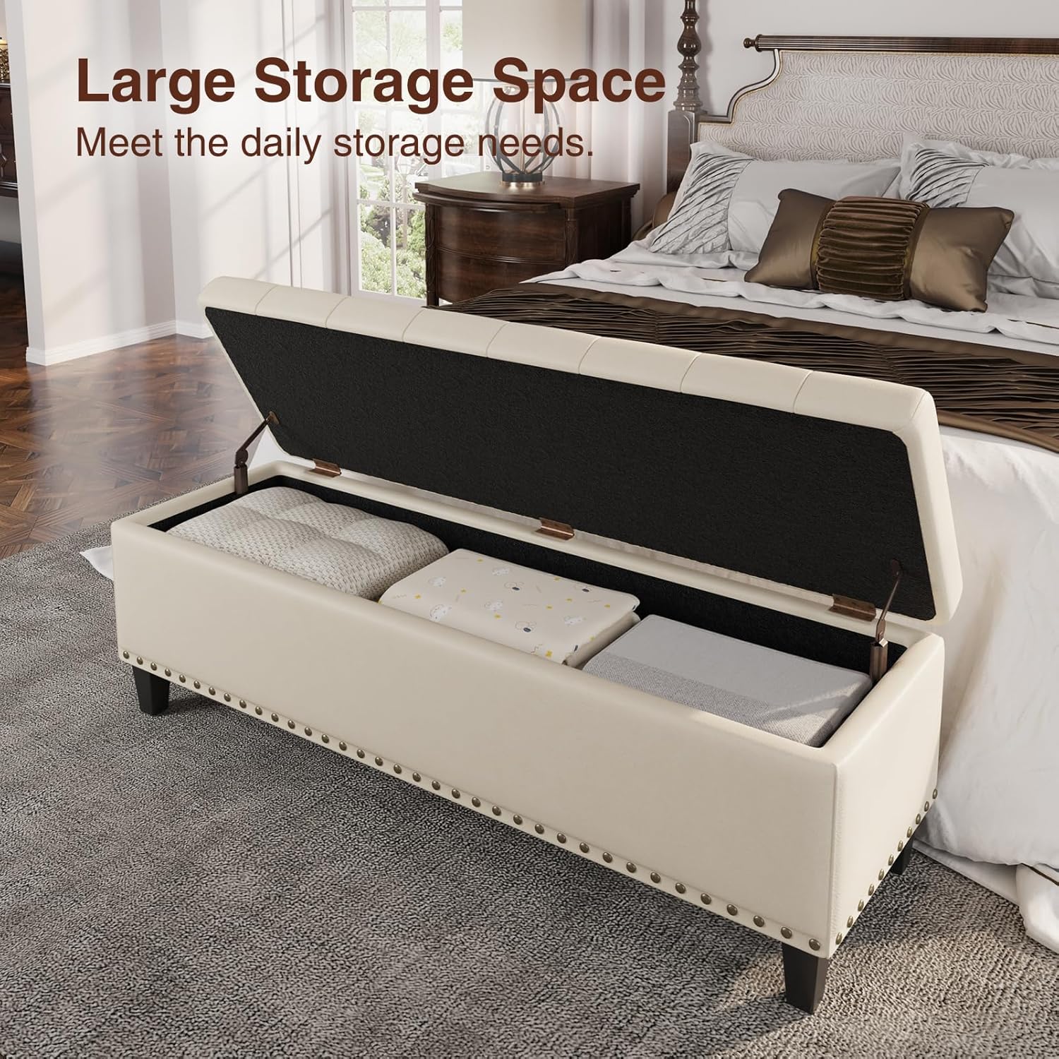 Storage Ottoman Bench, 51-Inch Large Storage Bench for Bedroom End of Bed, 30 Gallons Faux Leather Bench for Bedroom, Living Room, Entryway, Hallway, Cream White