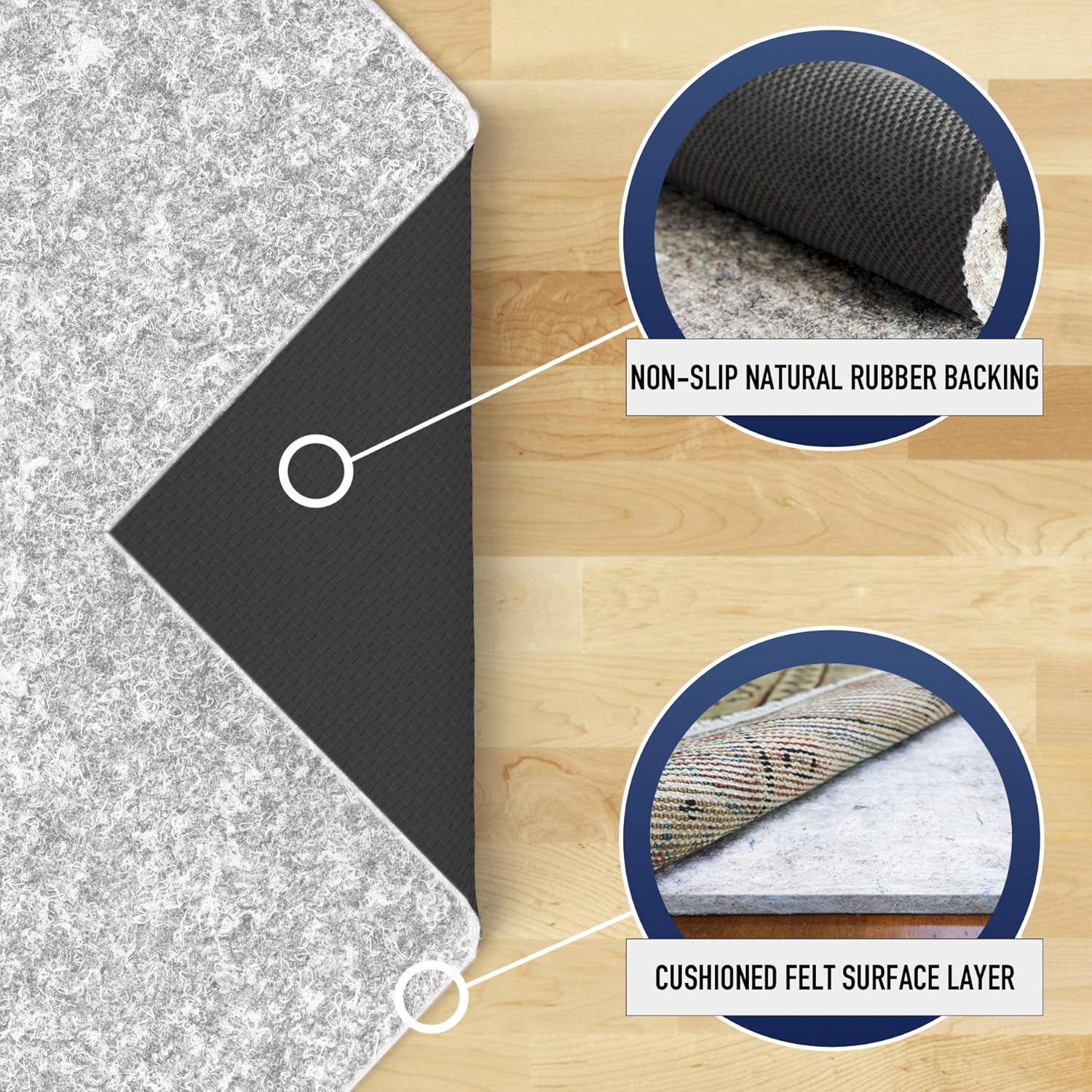 RUGPADUSA - Dual Surface - 4' Square - 1/4" Thick - Felt + Rubber - Non-Slip Backing Rug Pad - Safe for All Floors