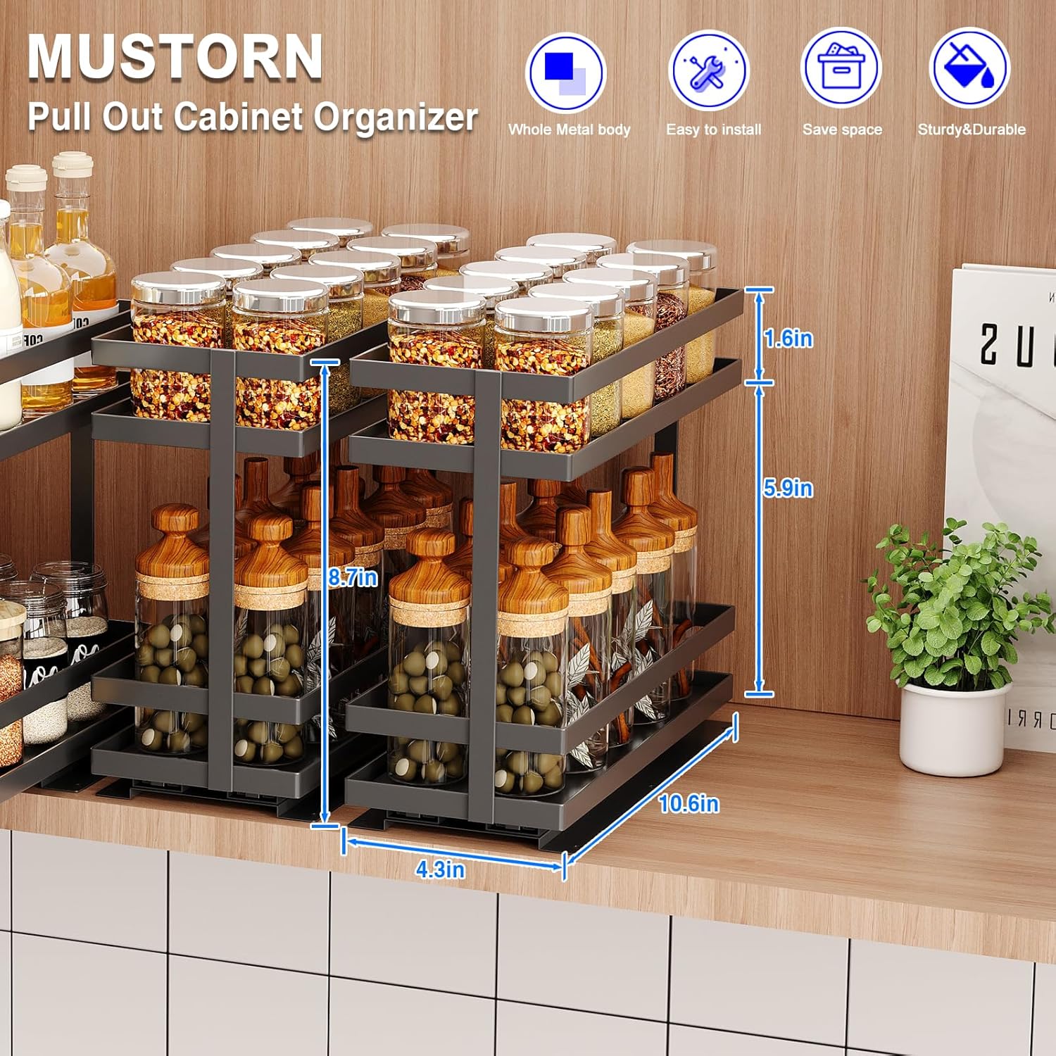 Pull Out Spice Rack Organizer for Cabinet, 2 Tier Metal Slide Out Seasoning Organizer and Storage Heavy Duty Vertical Spice Rack Shelf Pullout for Kitchen Cabinets No Drilling(1 Pack, Black)