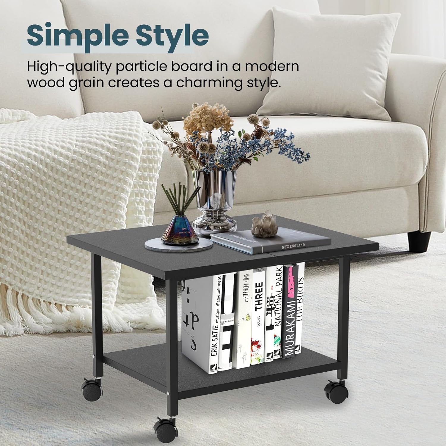 Printer Stand with Storage Under Desk Shelf, Desktop Printer Stand Organizer, Rolling Printer Cart Storage Paper Files Holder for Desk, Office, Home, (Black)