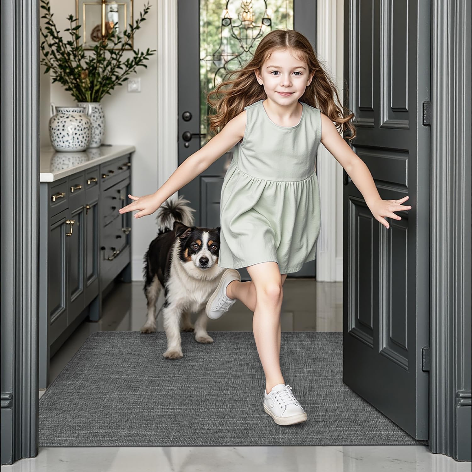 LUMI Ultra Thin Door Mat for Entryway,36"x59" Low Profile Non Slip Rubber Backing Indoor Doormat, Easy Clean Welcome Entrance Mat for Inside House, Patio, Greenish Grey